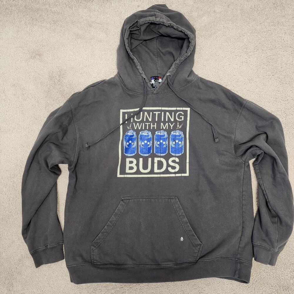 Vintage Hunting With My Buds Graphic Hoodie Size XL Gray Thrashed Ripped USA